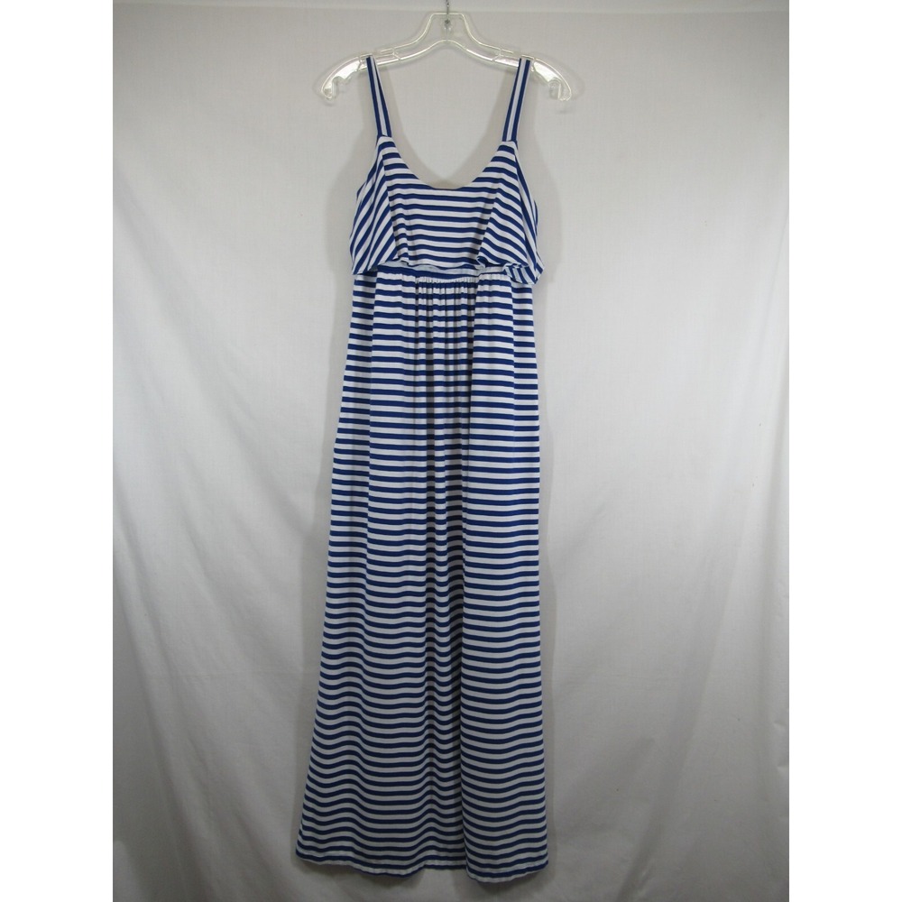 Soma Soft Jersey Maxi Dress Women M Blue/White Stripe Pockets Flounce Sleeveless